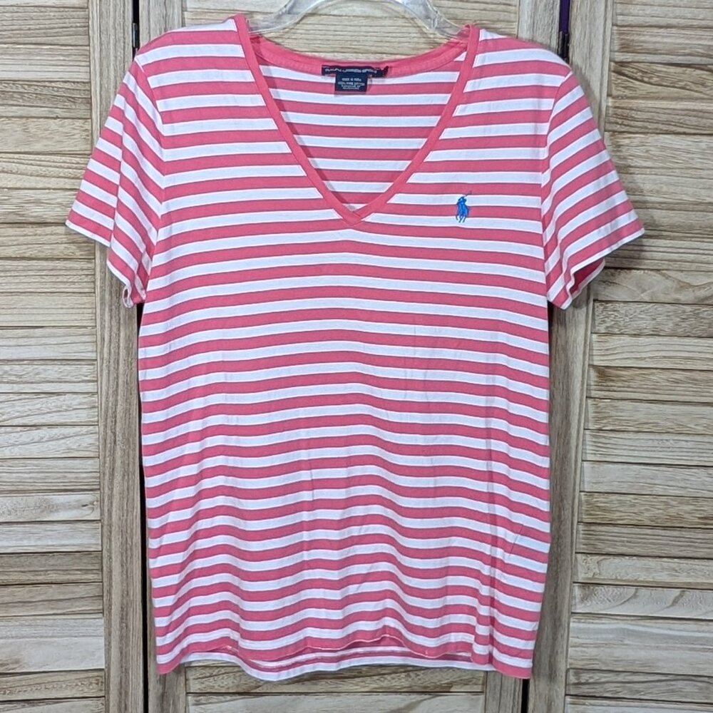 Ralph Lauren Sport T-Shirt Striped V-Neck with Logo Pink White Vintage Size XL